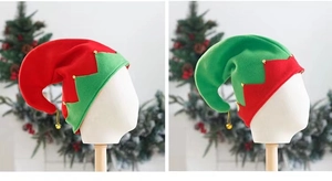 Detail view of festive Christmas elf hats in red and green felt with golden bells