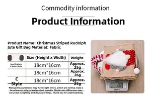 Tabla de tallas detallada del saco de regalo de Navidad Rudolf de yute de 18 cm por 16 cm