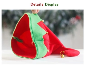 Detailed close-up of Christmas elf hat with golden bells and green wavy trim decoration