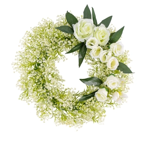 Artificial white rose wreath with greenery and baby's breath for wedding decor