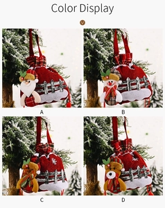 Set of four burlap Christmas gift bags with 3D Santa, Snowman, Reindeer, and Bear designs