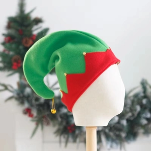 Classic red and green Christmas elf hat with golden bells and soft festive felt material