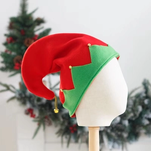 Christmas elf hat in red and green felt with gold bells for holiday party costume
