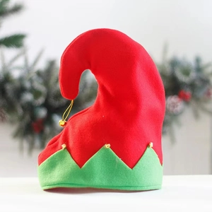Festive red and green velvet Christmas elf hat with gold bells and jagged edges