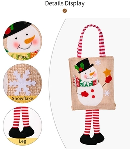 Detail view of linen Christmas gift bag showing snowman print and striped legs