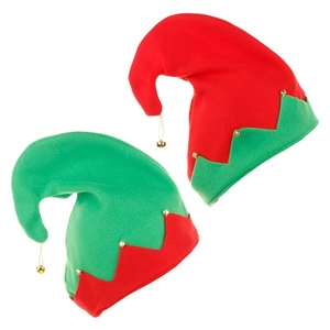 Christmas elf hat set in red and green felt with golden bells for holiday parties