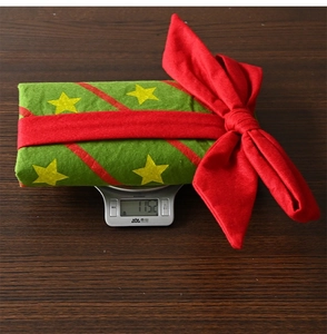 Dettaglio del coprisedia natalizio verde con fiocco rosso che pesa 115,2 grammi sulla bilancia