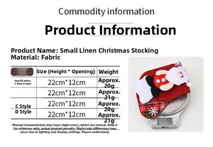 Size chart showing small red linen Christmas stockings with Santa embroidery details