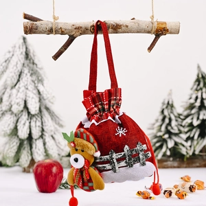 Christmas burlap gift bag with 3D teddy bear decoration and drawstring for candy or apple