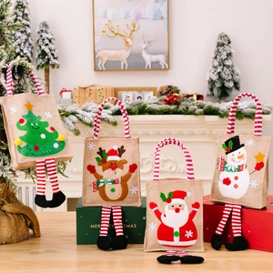Burlap Christmas Gift Bag With Hanging Striped Legs Santa Snowman Reindeer Tree Cartoon Handbag For Holiday Party Decoration