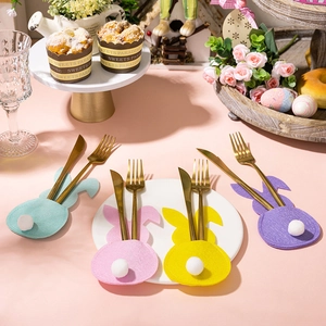 Easter Bunny Cutlery Holders Felt Rabbit Tableware Pouches With Pom Pom Tails Decorative Dinnerware Bags For Home Holiday Table Decoration