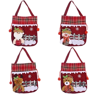 Set of 4 Christmas burlap gift bags featuring Santa, snowman, elk, and bear characters