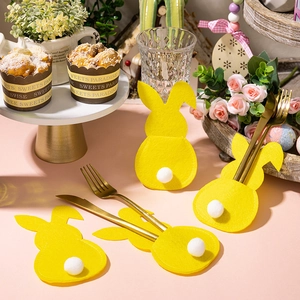 Easter felt bunny cutlery holder set in yellow with white pompom tail for table decor