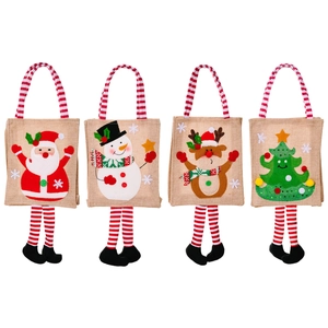 Set of 4 Christmas linen gift bags with festive 3D characters and striped hanging legs