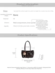 Size chart showing dimensions for the retro PU leather underarm bag with teddy bear charm