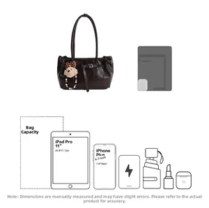 Detailed capacity diagram of large brown leather tote bag fitting iPad and phone