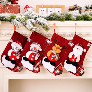 Red Linen Christmas Stocking Hanging Ornament With 3D Santa Snowman Reindeer Bear Plaid Snowflake Pattern Holiday Decor