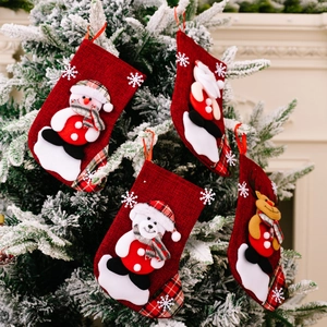 Set of 4 red burlap Christmas stockings with 3D Santa, Snowman, Bear, and Reindeer applique