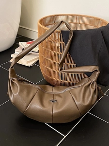 Women Vintage Large Capacity Shoulder Bag Retro PU Leather Pleated Croissant Hobo Bag Trendy Fashion Daily Crossbody Bag