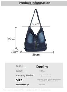 Detaillierte Größentabelle für Jeans-Shopper mit Maßen und verstellbarem Schultergurt