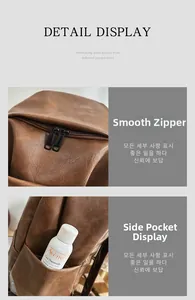 Close-up of smooth double zipper and side pocket on brown PU leather backpack