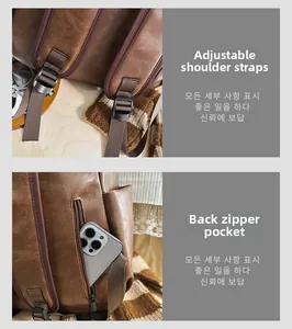 Detail of adjustable straps and rear zipper anti-theft pocket on PU leather backpack