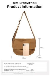 Guía de tallas detallada con dimensiones 34x22x10cm para bolso bandolera de lona
