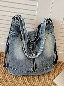Vintage Große Kapazität Gewaschene Denim Tragetasche Für Damen Casual Schulter Umhängetasche Mode Gewaschen Blau Streetwear Reisen Rucksack Mit Multi-Taschen
