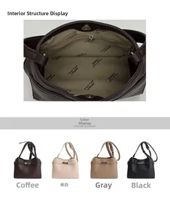 Détail de quatre couleurs de sacs seaux en cuir grainé avec intérieur zippé spacieux