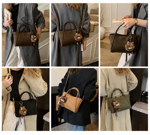 Multiple styles of retro frosted bucket bags shown with plush charms on models