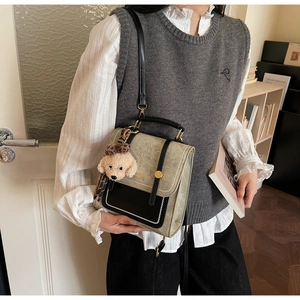Detail van retro tweekleurige crossbodytas met gouden gesp en een schattige pluche puppy