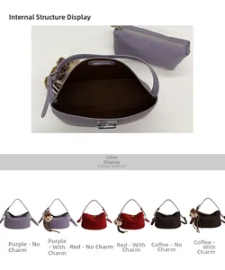 Detailed internal structure and color options of the crescent moon shoulder bag with pouch