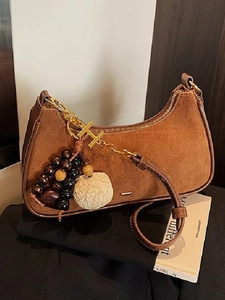 Women Retro Minimalist PU Leather Suede Hobo Shoulder Bag Half Moon Dumpling Bag with Vintage Beads Shell Letter Charms