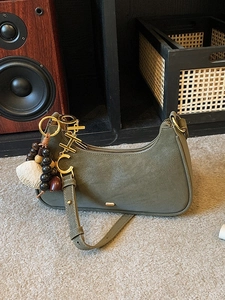 Minimalist vintage dark green crescent underarm bag with CHC metal charm and strap
