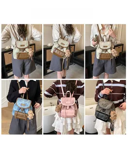 Multiple views showing fashion backpacks with plush bear charms in various color options