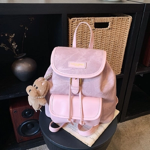 Retro Women Fashion Synthetic Leather Backpack Casual Splicing Student Schoolbag With Cute Bear Pendant Travel Daypack