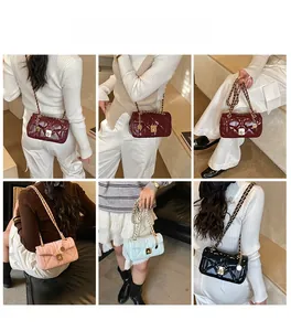 Quilted chain bag detail shown in burgundy, pink, blue, and black in lifestyle model shots