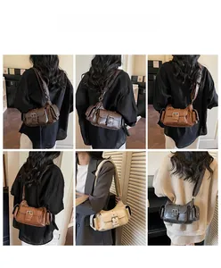Collage of retro motorcycle crossbody bags in coffee, brown, beige, and black colors