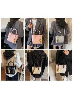 Mini bolso cubo con cuentas de colores mostrado en varios estilos de mano y cruzado