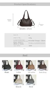 Detailed size chart of large PU leather tote bag in six colors with strap measurements