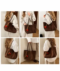 Deep coffee large suede tote bag shown in multiple angles with a fringe charm