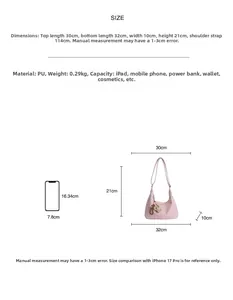 Guía de tallas para bolso de PU rosa con medidas 32x21x10cm y comparación de teléfono