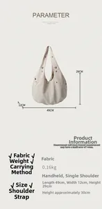 Detailed view of off-white nylon tote bag with 49x12x29cm dimensions and snap closure