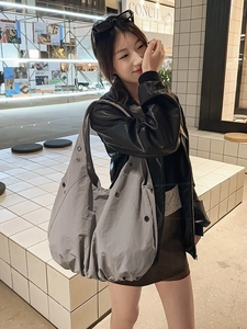 Chic grey nylon large capacity tote bag with industrial metal eyelets for daily commute