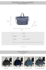 Detailed size specifications and material chart for large denim tote bags in four colors