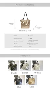 Detailed size chart and multi-color metallic quilted tote bag with star embroidery