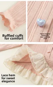 Detail of pink knitted shirt with heart button, ruffle cuffs and lace hem border