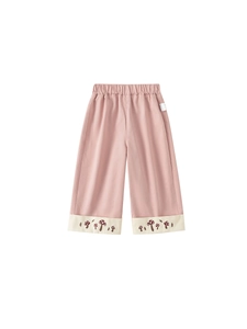 Pantaloni rosa a gamba dritta per bambine con ricamo di funghi e vita elastica comoda