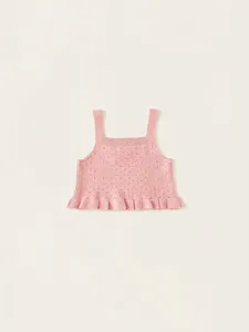 Canotta in maglia traforata rosa per neonata con bordi a volant e fiocco decorativo