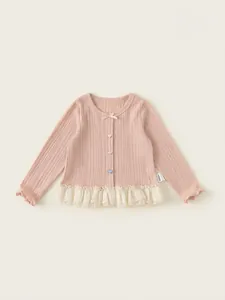 Pink girls long-sleeve knit cardigan with heart buttons and lace hem detail